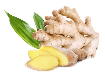 Aromatic fresh ginger with green leaves on white background Image of Aromatic fresh ginger with green leaves on white background