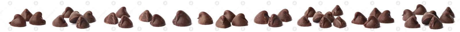 Set of tasty chocolate chips isolated on white. Banner design Image of Set of tasty chocolate chips isolated on white. Banner design
