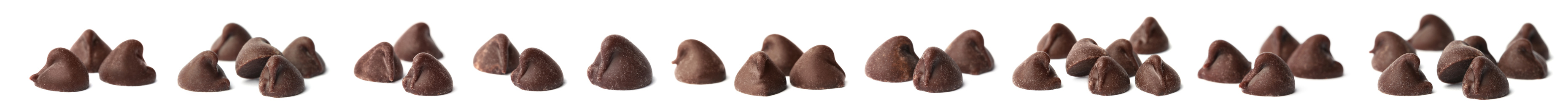 Set of tasty chocolate chips isolated on white. Banner design Image of Set of tasty chocolate chips isolated on white. Banner design