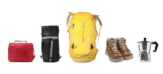 Set with different camping equipment on white background. Banner design Image of Set with different camping equipment on white background. Banner design