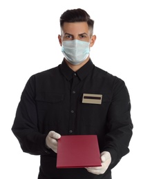 Waiter in medical face mask with menu on white background Photo of Waiter in medical face mask with menu on white background