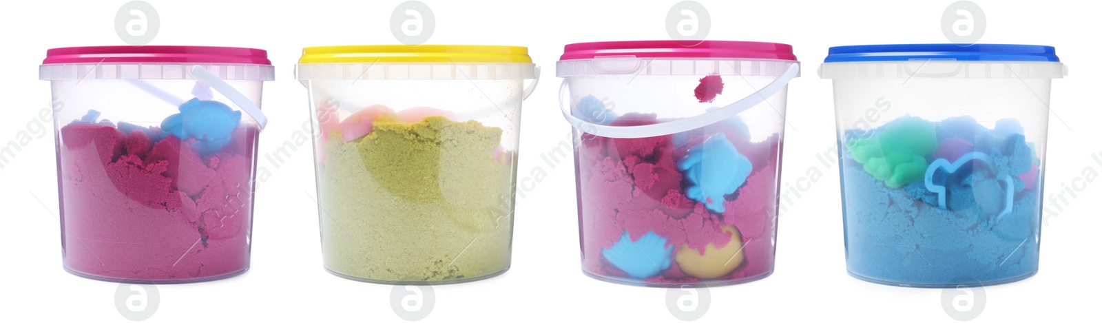 Set with kinetic sand and toys in buckets on white background. Banner design Image of Set with kinetic sand and toys in buckets on white background. Banner design