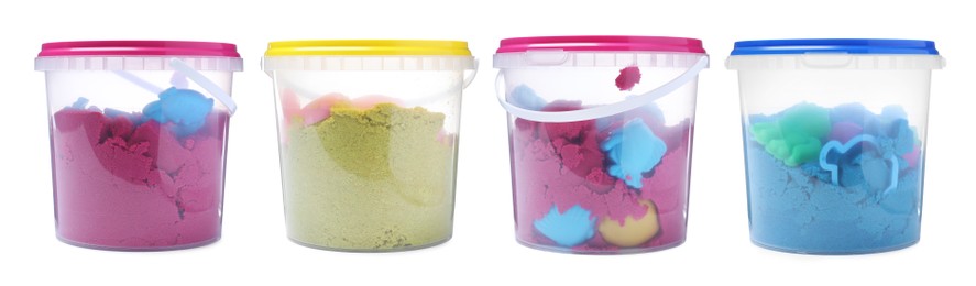 Set with kinetic sand and toys in buckets on white background. Banner design Image of Set with kinetic sand and toys in buckets on white background. Banner design