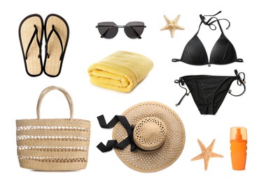 Set with different beach accessories on white background Image of Set with different beach accessories on white background