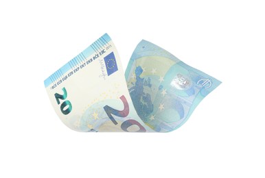 20 Euro banknote flying on white background Image of 20 Euro banknote flying on white background