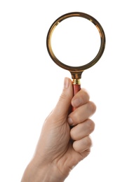 Woman holding magnifying glass on white background, closeup. Find keywords concept Photo of Woman holding magnifying glass on white background, closeup. Find keywords concept