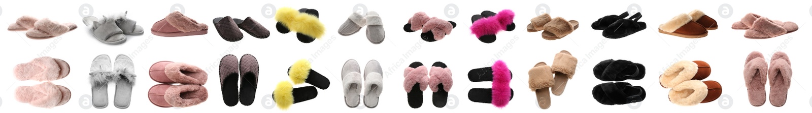Collage with different slippers on white background. Banner design Image of Collage with different slippers on white background. Banner design