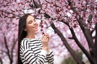 Pretty young woman near blooming tree in park. Spring look Photo of Pretty young woman near blooming tree in park. Spring look