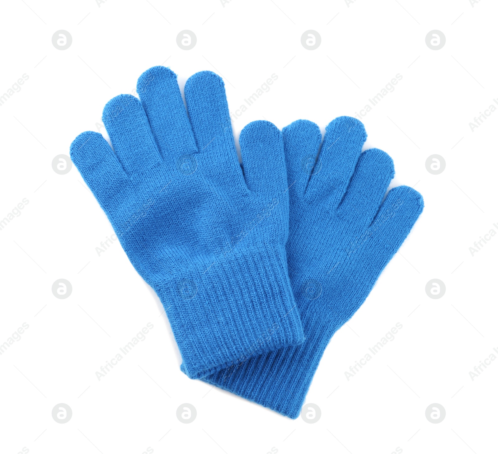 Blue woolen gloves on white background, top view. Winter clothes Photo of Blue woolen gloves on white background, top view. Winter clothes