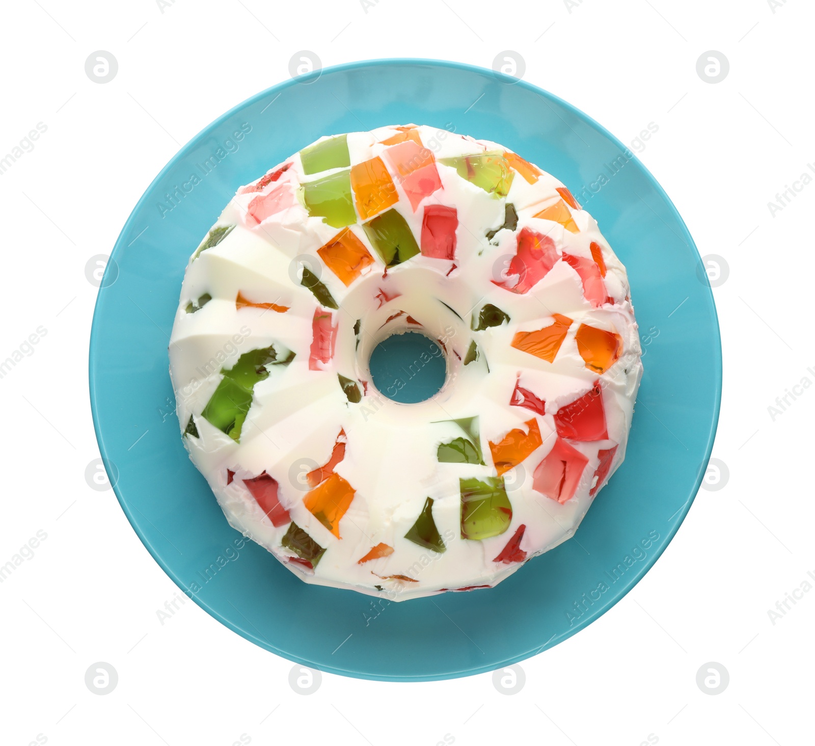 Delicious broken glass jelly cake on white background, top view Photo of Delicious broken glass jelly cake on white background, top view