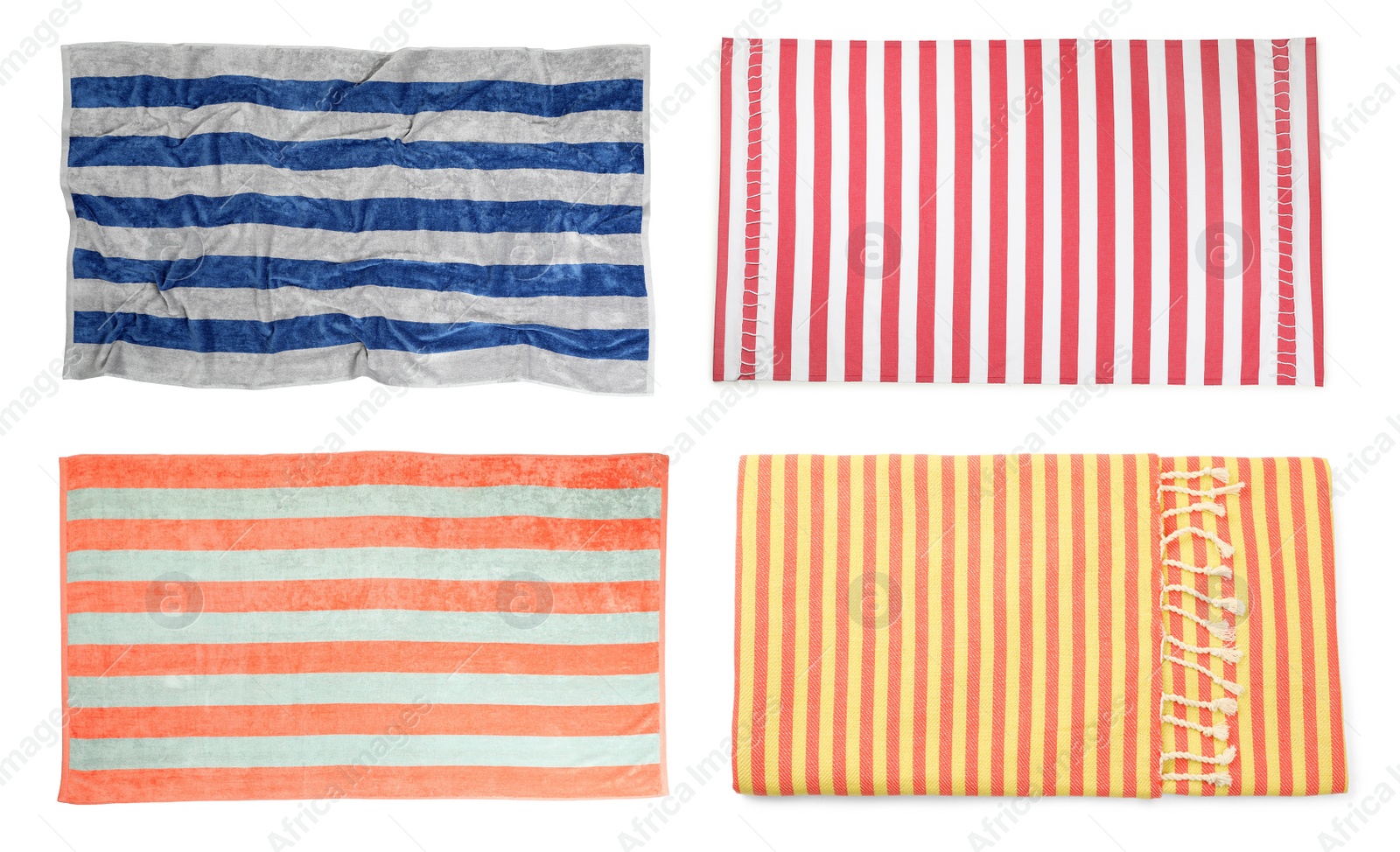 Image of Set with different beach towels on white background, top view