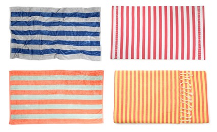 Set with different beach towels on white background, top view Image of Set with different beach towels on white background, top view
