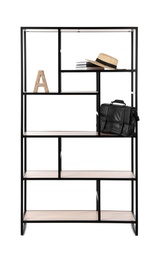 Stylish shelving unit with hat, bag and books isolated on white Photo of Stylish shelving unit with hat, bag and books isolated on white