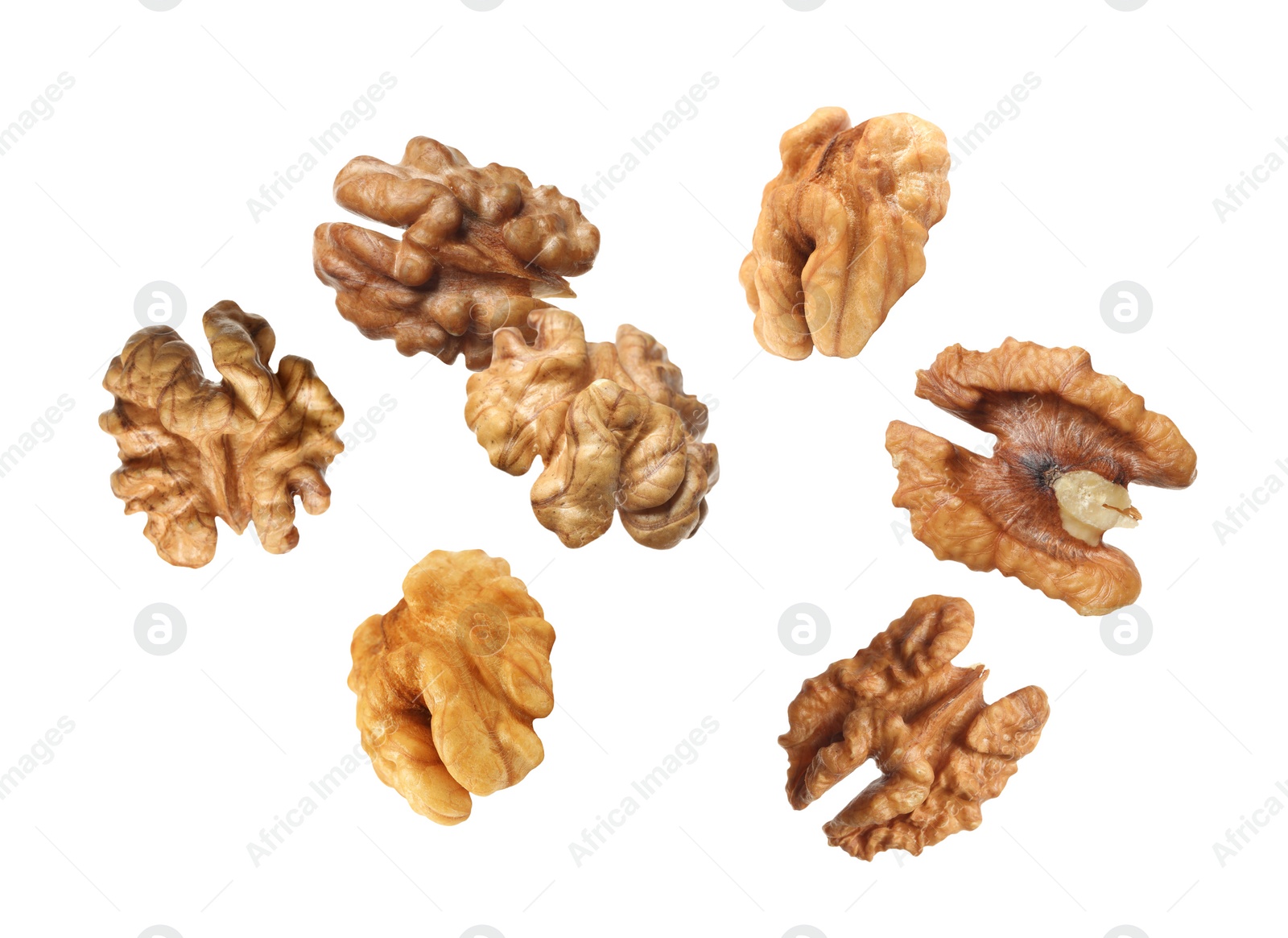 Halves of walnuts falling on white background Image of Halves of walnuts falling on white background
