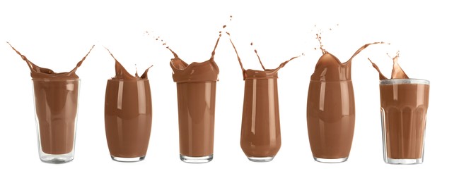 Set with delicious chocolate milk splashing out of glasses on white background. Banner design Image of Set with delicious chocolate milk splashing out of glasses on white background. Banner design