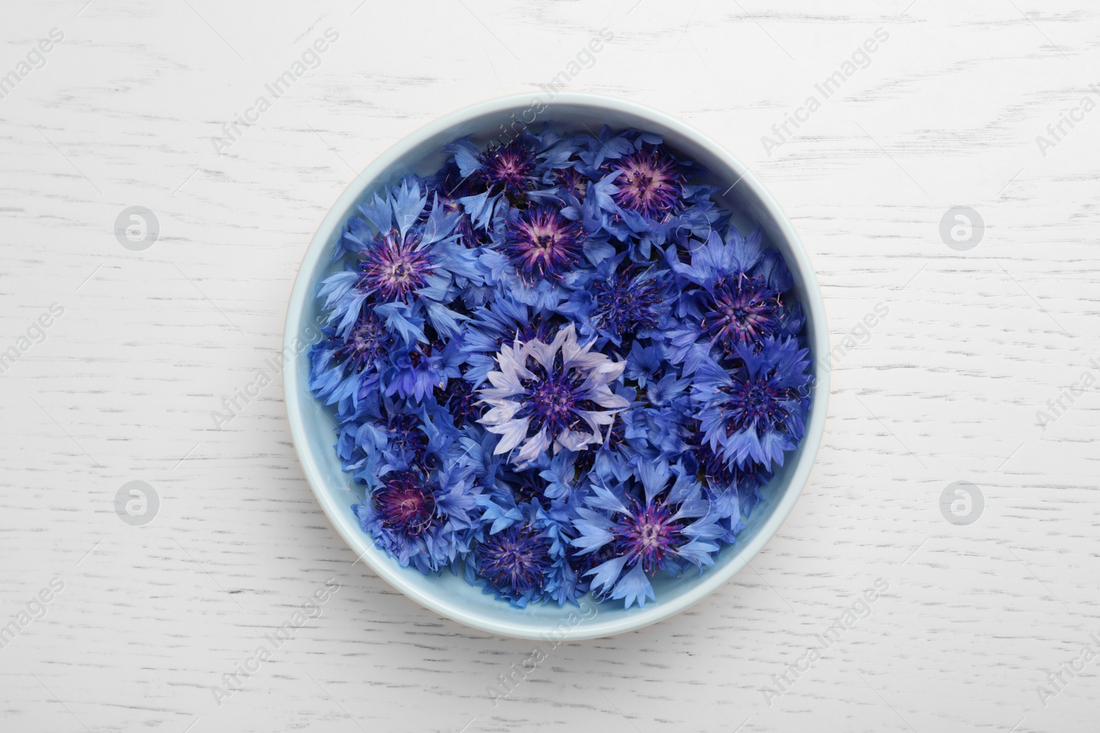 Beautiful colorful cornflowers in bowl on white wooden table, top view Photo of Beautiful colorful cornflowers in bowl on white wooden table, top view