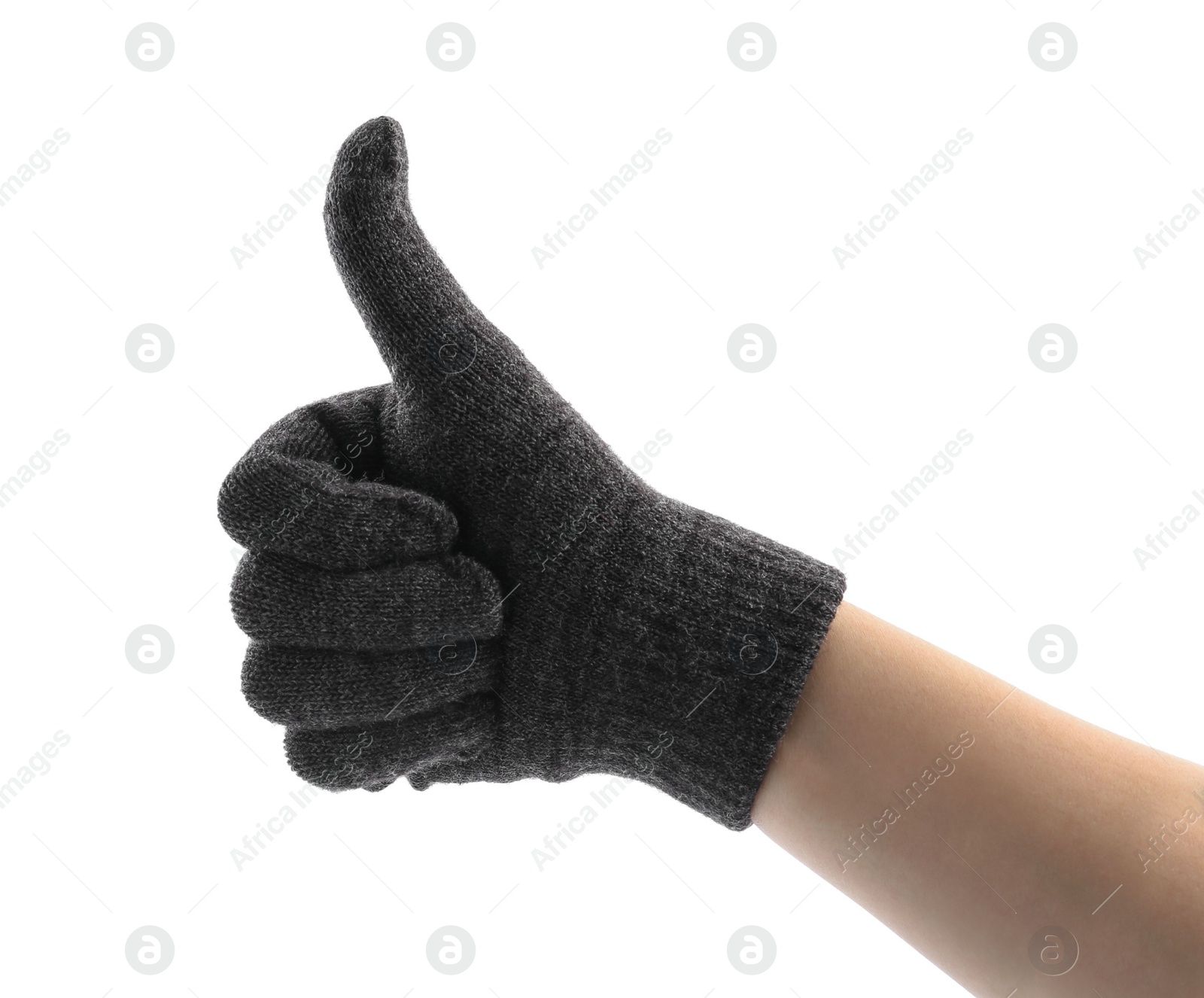 Photo of Woman in black woolen glove on white background, closeup. Winter clothes