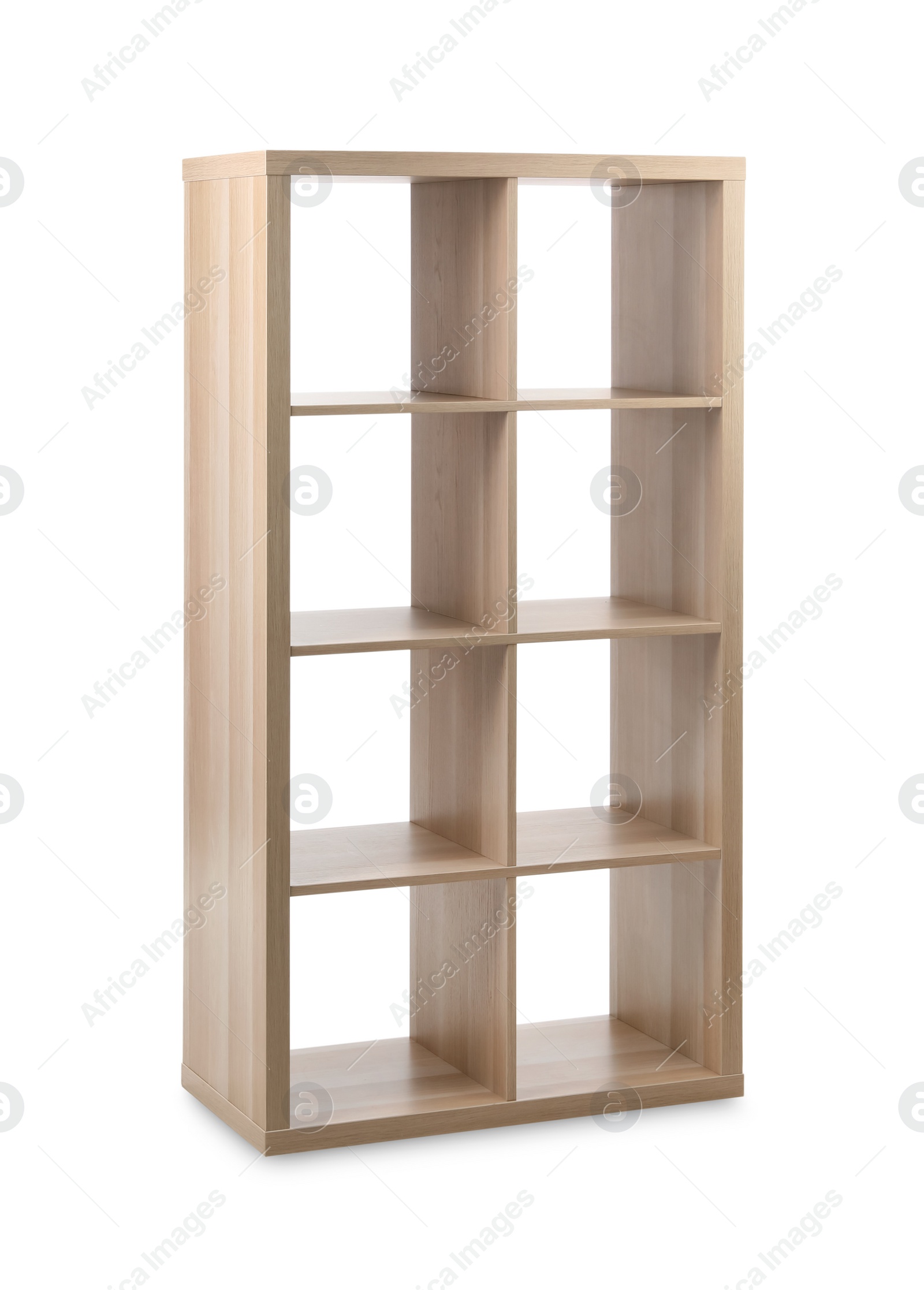 Empty wooden shelving unit isolated on white Photo of Empty wooden shelving unit isolated on white