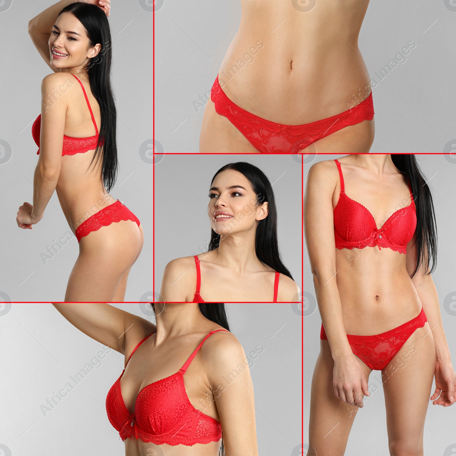 Collage of beautiful young woman in red underwear on grey background Image of Collage of beautiful young woman in red underwear on grey background