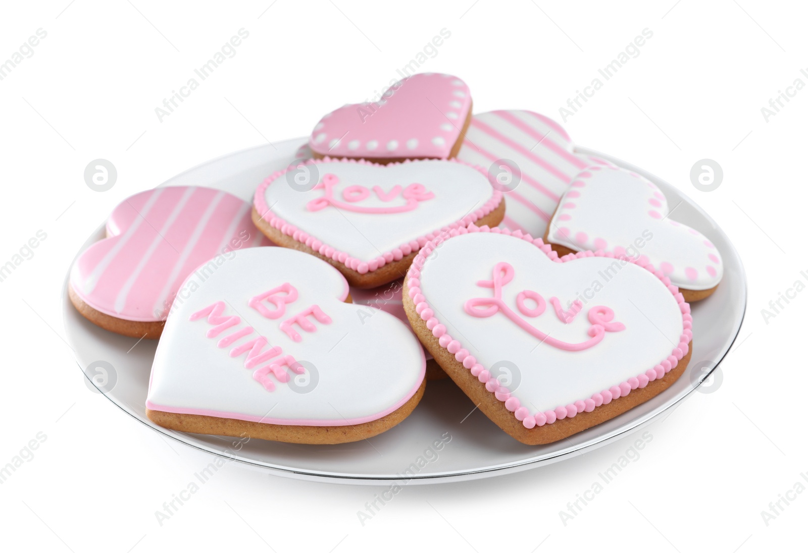 Photo of Delicious heart shaped cookies on white background. Valentine's Day