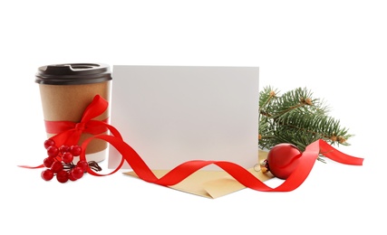 Blank greeting card, cup of coffee and Christmas decor on white background, space for text Photo of Blank greeting card, cup of coffee and Christmas decor on white background, space for text