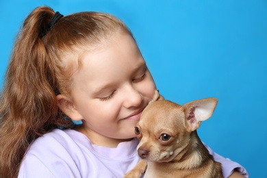 Little girl with her Chihuahua dog on light blue background, closeup. Childhood pet Photo of Little girl with her Chihuahua dog on light blue background, closeup. Childhood pet