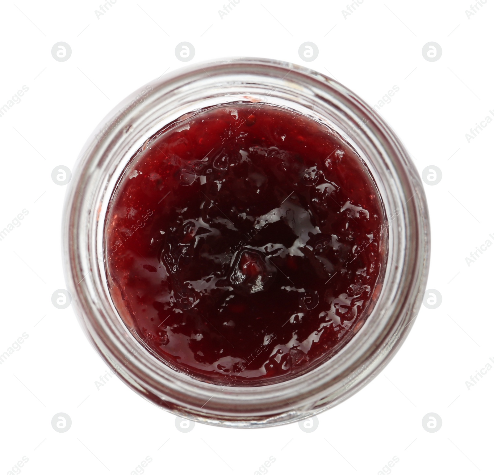 Glass jar with sweet jam isolated on white, top view Photo of Glass jar with sweet jam isolated on white, top view