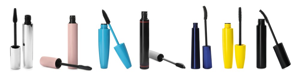 Set with different mascaras on white background. Banner design Image of Set with different mascaras on white background. Banner design