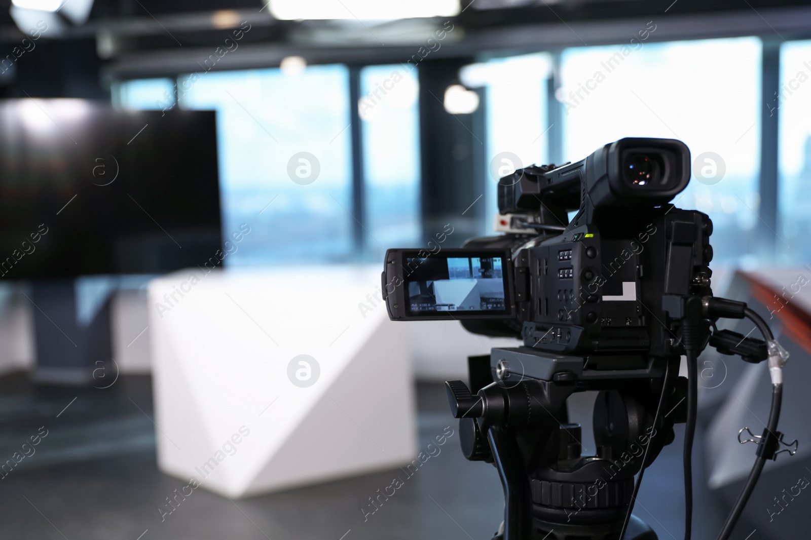 Modern video recording studio with professional equipment, focus on camera Photo of Modern video recording studio with professional equipment, focus on camera