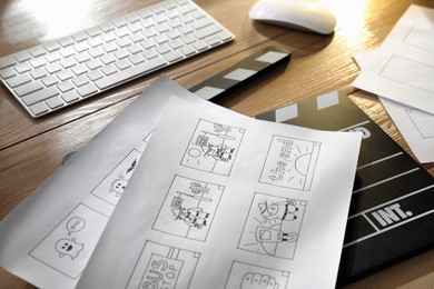 Photo of Storyboards with cartoon sketches at workplace. 	
Pre-production process