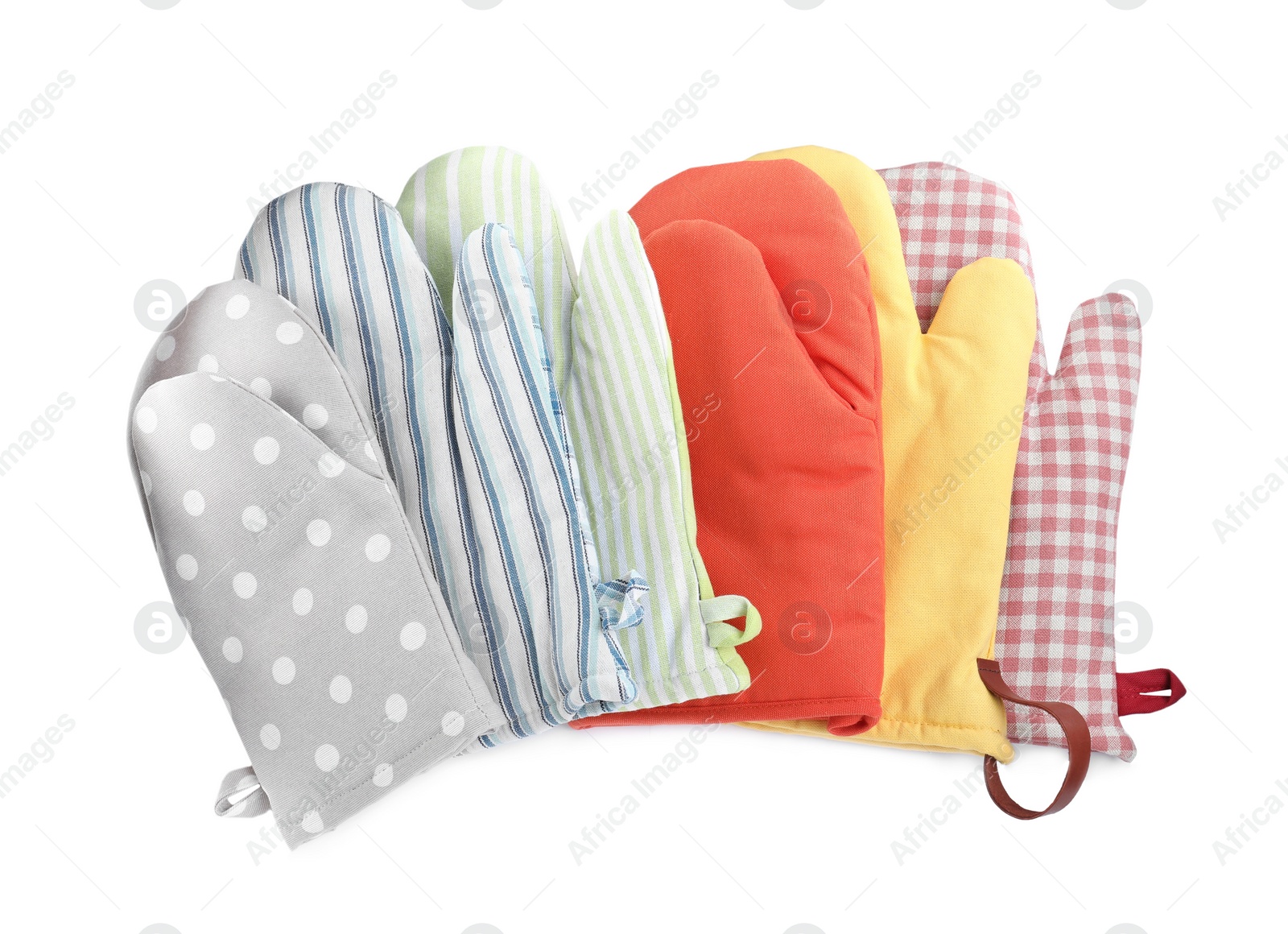 Oven gloves for hot dishes on white background, top view Photo of Oven gloves for hot dishes on white background, top view