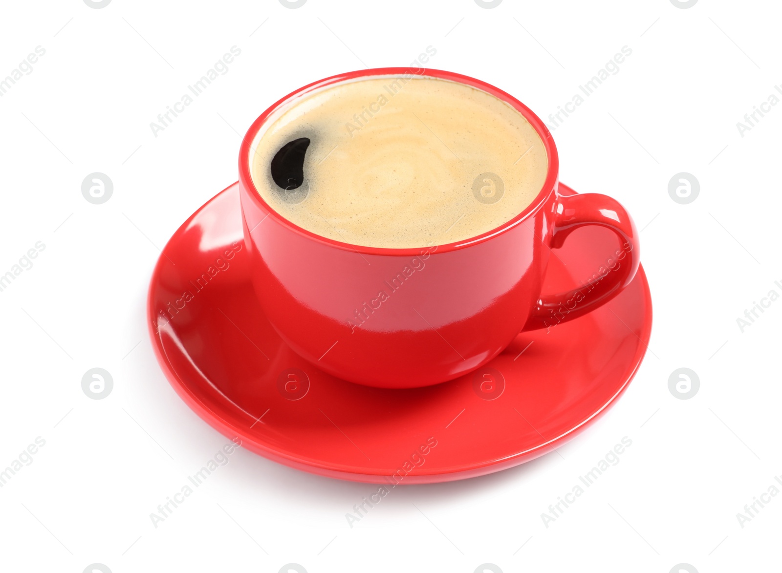 Aromatic coffee in red cup on white background Photo of Aromatic coffee in red cup on white background
