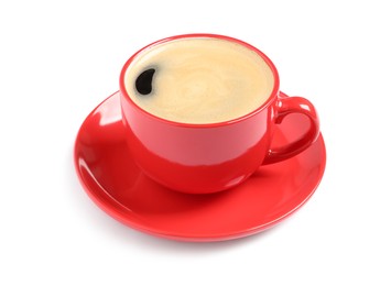 Aromatic coffee in red cup on white background Photo of Aromatic coffee in red cup on white background