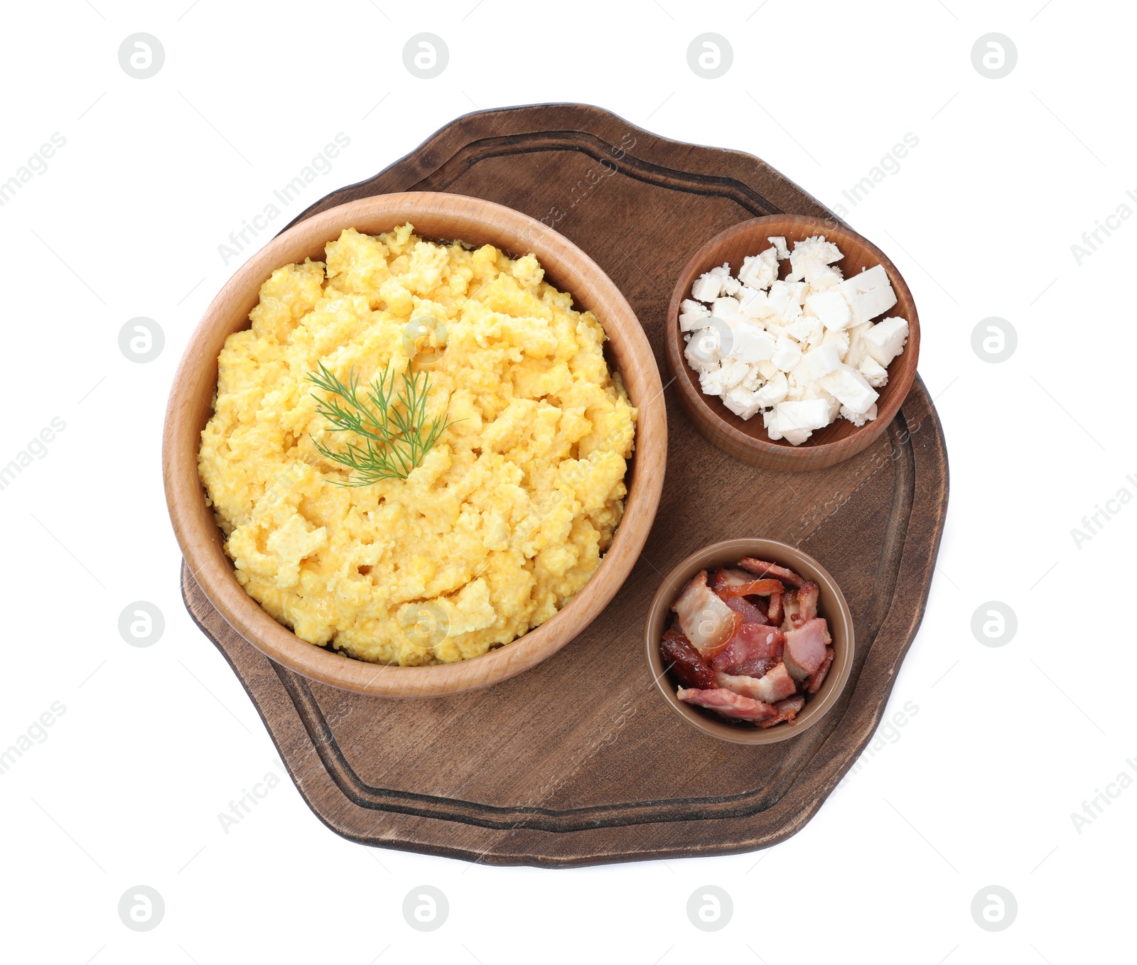 Tasty banosh with brynza and pork cracklings on white background, top view. Traditional Ukrainian dish Photo of Tasty banosh with brynza and pork cracklings on white background, top view. Traditional Ukrainian dish