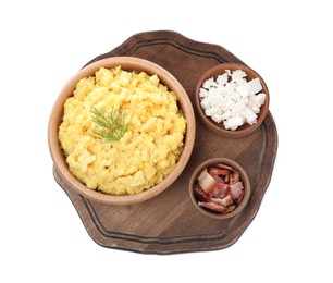 Tasty banosh with brynza and pork cracklings on white background, top view. Traditional Ukrainian dish Photo of Tasty banosh with brynza and pork cracklings on white background, top view. Traditional Ukrainian dish