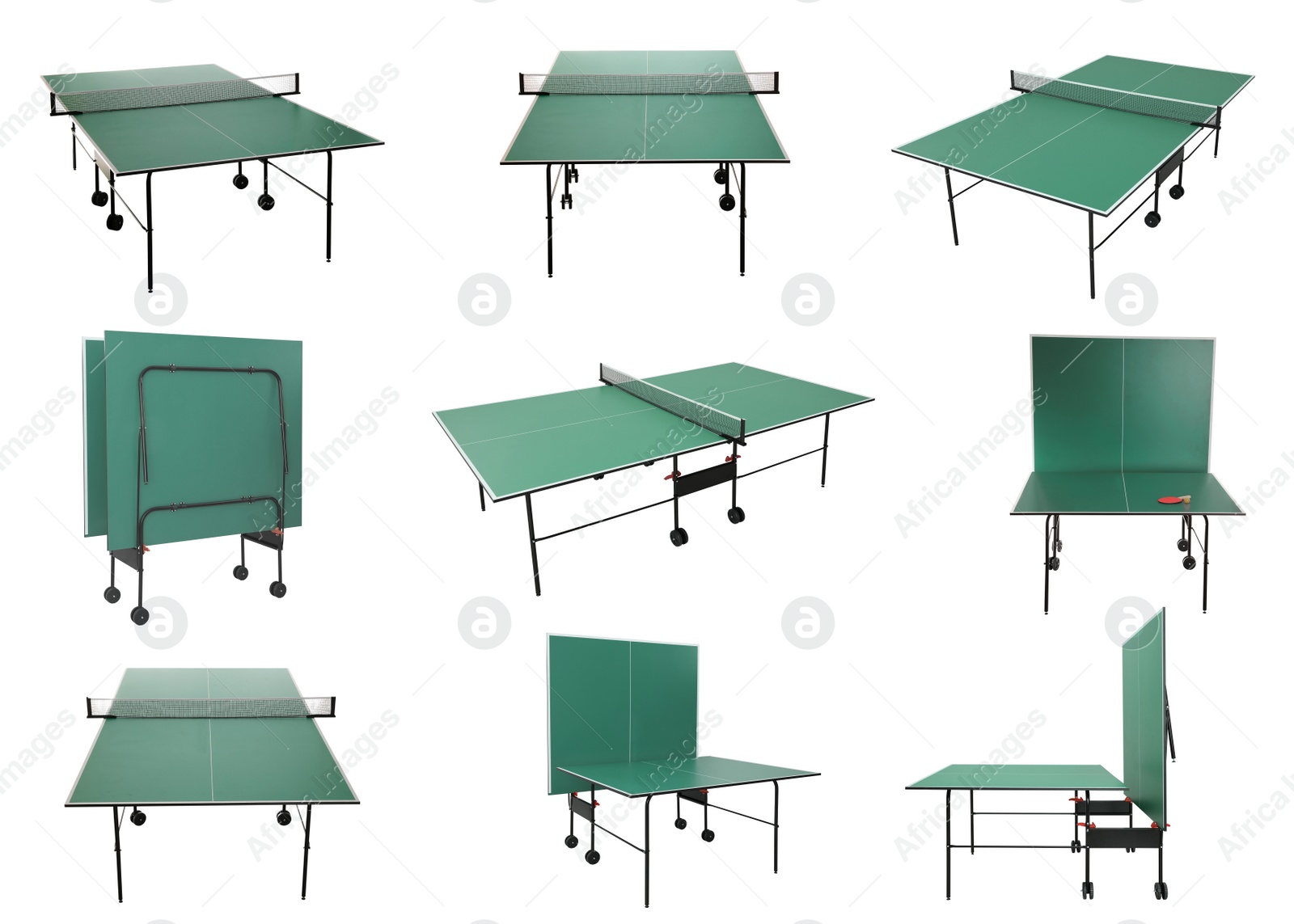 Green ping pong tables on white background, collage Image of Green ping pong tables on white background, collage