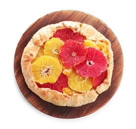 Delicious galette with citrus fruits isolated on white, top view Photo of Delicious galette with citrus fruits isolated on white, top view