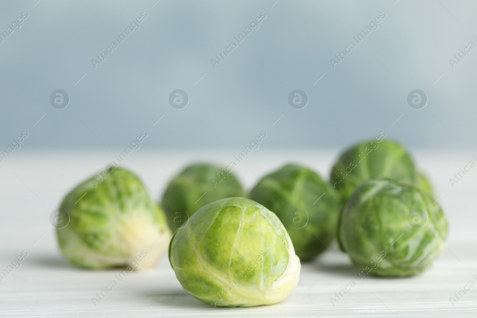 Fresh Brussels sprouts on white wooden table, closeup Photo of Fresh Brussels sprouts on white wooden table, closeup