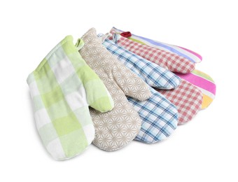 Set of oven gloves for hot dishes on white background Photo of Set of oven gloves for hot dishes on white background