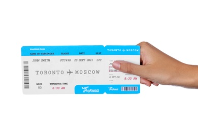 Woman holding ticket on white background, closeup. Travel agency concept Photo of Woman holding ticket on white background, closeup. Travel agency concept