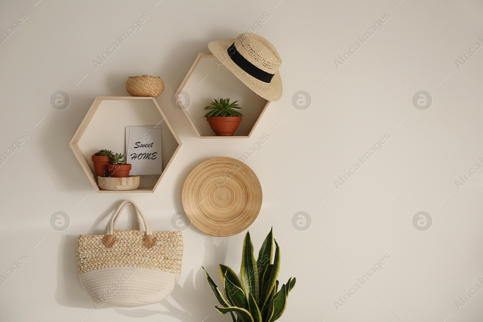 Hexagon wooden shelves with beautiful plants and accessories on light wall. Space for text Photo of Hexagon wooden shelves with beautiful plants and accessories on light wall. Space for text