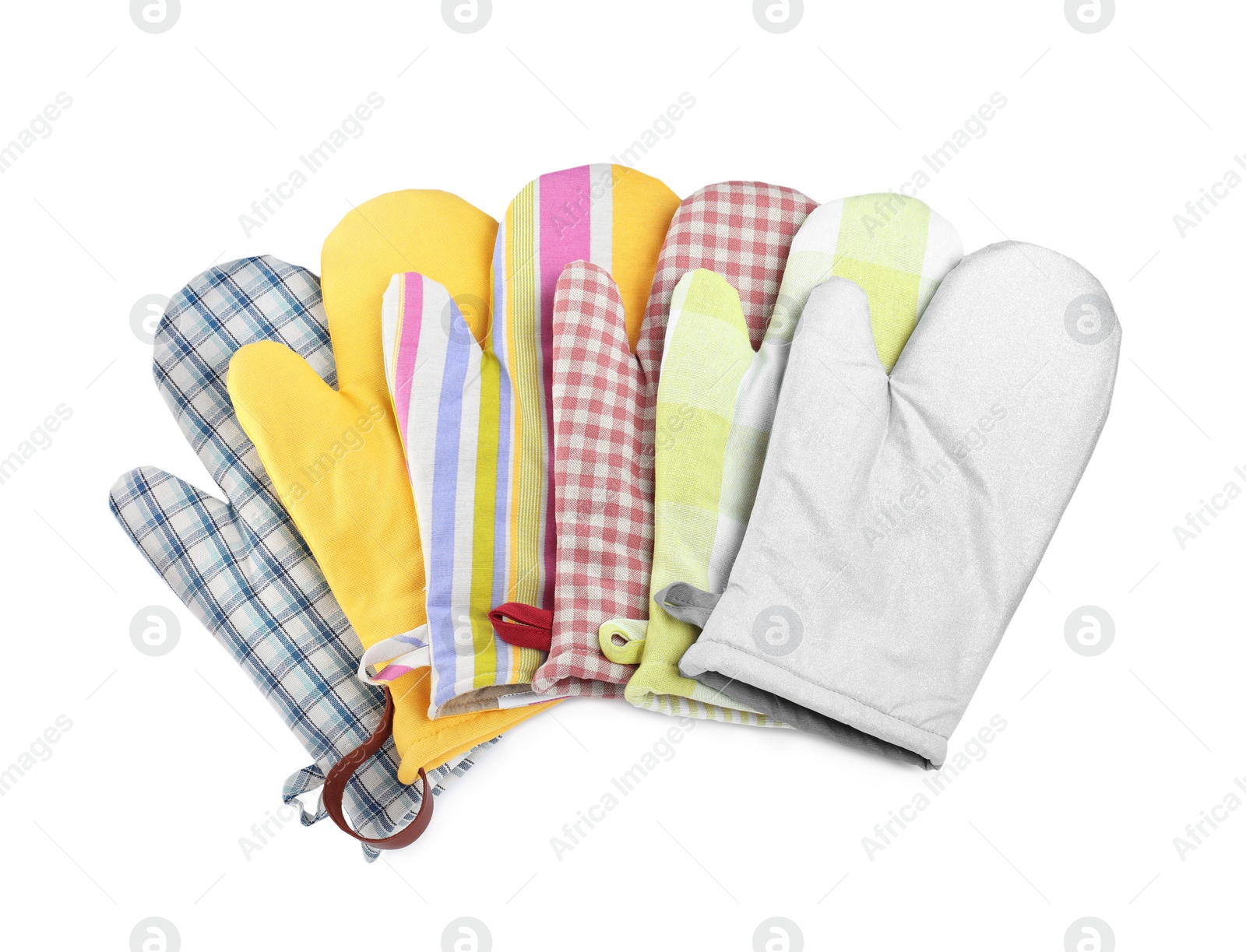 Oven gloves for hot dishes on white background, top view Photo of Oven gloves for hot dishes on white background, top view