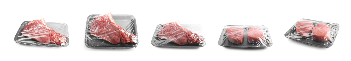 Set of fresh raw beef steaks in plastic containers isolated on white. Banner design Image of Set of fresh raw beef steaks in plastic containers isolated on white. Banner design