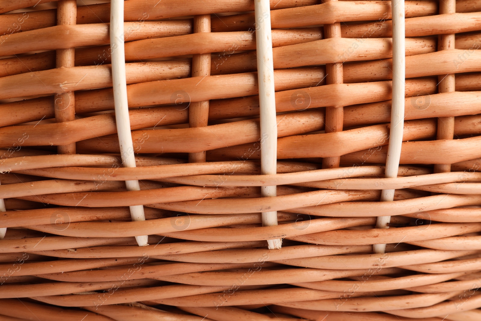 Photo of Handmade wicker basket made of natural material as background, closeup view