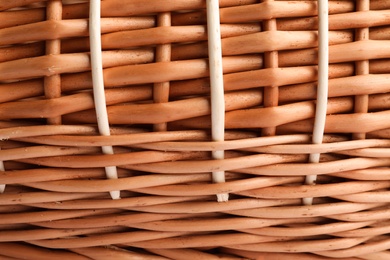 Handmade wicker basket made of natural material as background, closeup view Photo of Handmade wicker basket made of natural material as background, closeup view