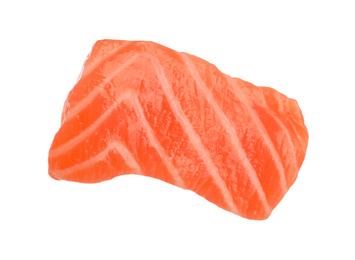 Piece of fresh raw salmon isolated on white. Fish delicacy Photo of Piece of fresh raw salmon isolated on white. Fish delicacy