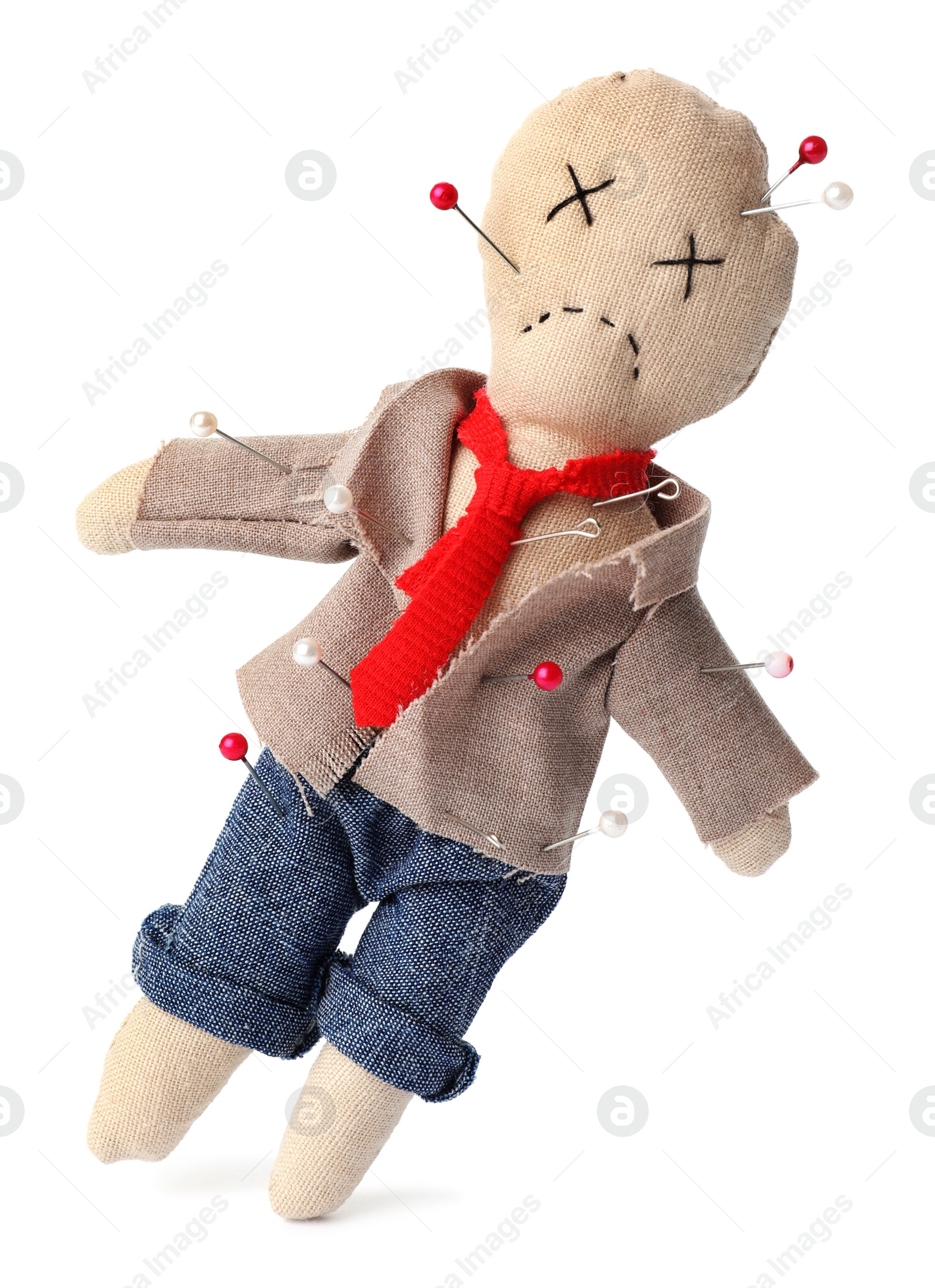 Voodoo doll dressed as businessman with pins isolated on white Photo of Voodoo doll dressed as businessman with pins isolated on white