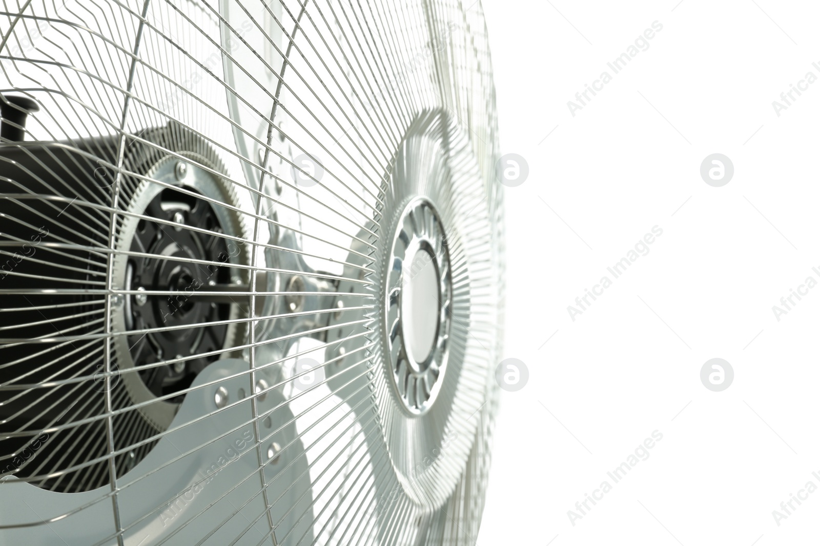 Electric fan on white background, closeup. Summer heat Photo of Electric fan on white background, closeup. Summer heat