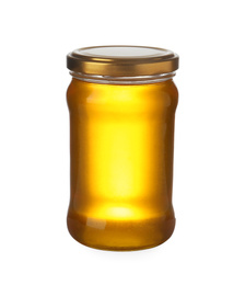 Jar with organic honey isolated on white Photo of Jar with organic honey isolated on white