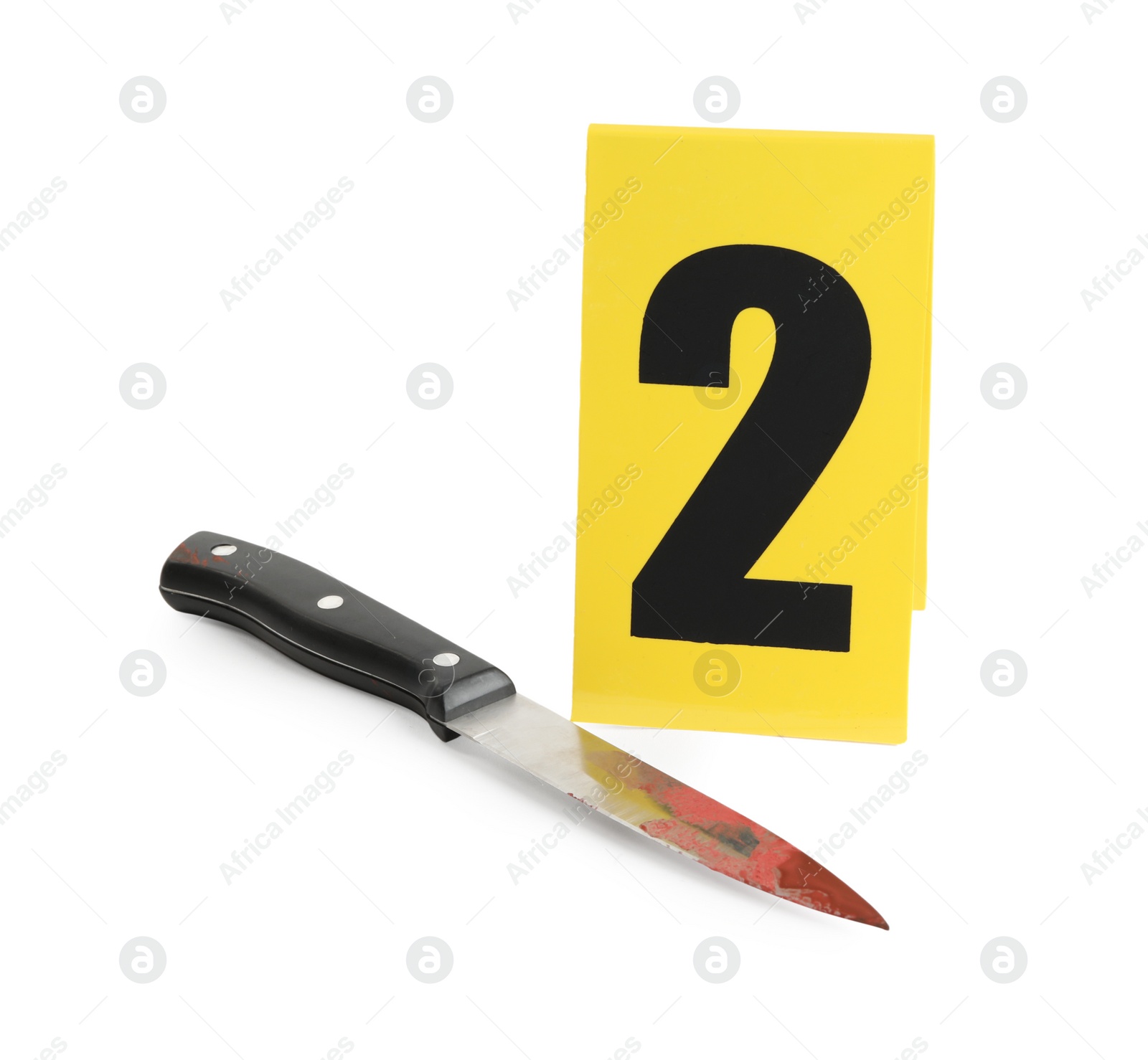 Bloody knife and crime scene marker with number two isolated on white Photo of Bloody knife and crime scene marker with number two isolated on white